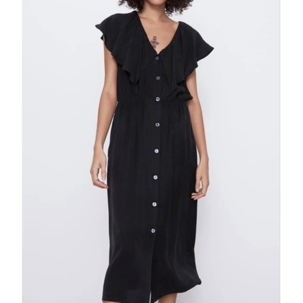 Zara Black Fillsens Ruffle Collar Button Front Midi Dress Large V-Neck